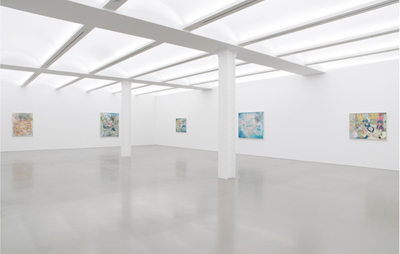 installation view of large white exhibition space filled with five paintings