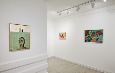 installation view of three paintings 