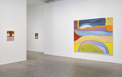 installation view of one large painting and two miniature works by Marina Perez Simão