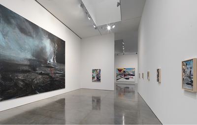 Installation view of large scale landscape painting on left and smaller paintings on opposite wall