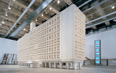 sculptural recreation of a large modernist building in a gallery space
