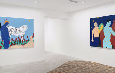 Two paintings hanging in a white gallery space