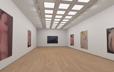 installation view of a long white room with six paintings spread out on the walls