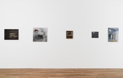 installation view of a white wall with five small paintings hung