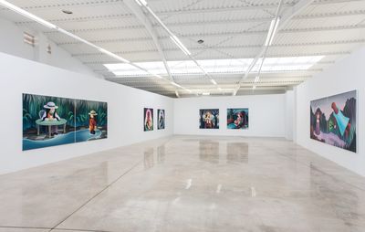 Six large paintings hanging on three walls in a Gallery space, beige shiny floor below