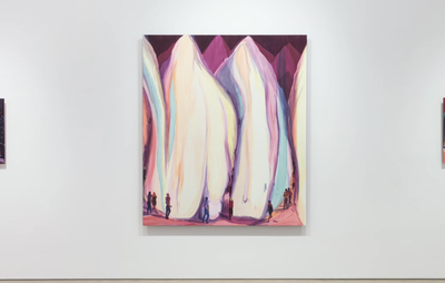 installation view of white wall with central larger painting flanked by two smaller ones