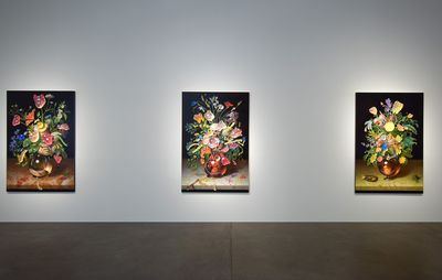 installation view of three still life paintings hung and illuminated on a wall