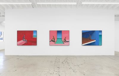 installation view of three paintings of equal size hung on a white wall, all depicting elongated figures in indistinct spaces