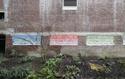 three various coloured wall paintings on a brick exterior