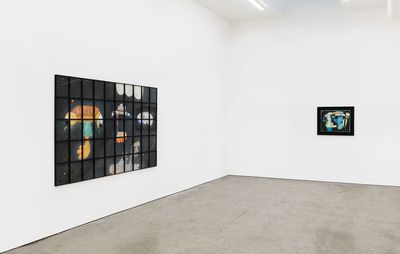 installation view of one large and one small abstract painting on two white walls