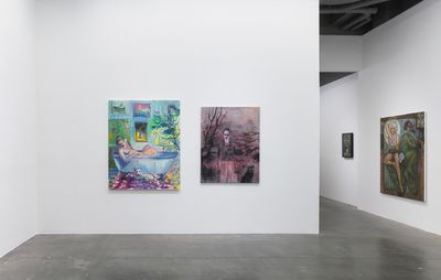 installation view of two bright paintings by artist Deborah Brown