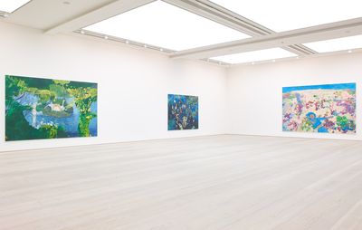 installation view of three large paintings of varying proportions