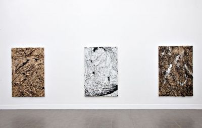 installation view of a white wall with three oil skin paintings of equal size hung on it