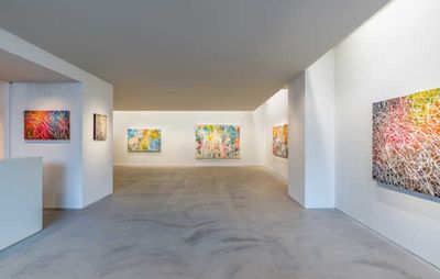 installation view of white gallery walls with lots of different colourful abstract paintings hanging