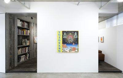 installation view of a wall with one colourful mixed media work by Jaime Munoz
