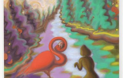 A brightly coloured painting showing an orange flamingo standing with it's head bowed in a river of purple, yellow and orange swirls and watched over by a mysterious creature on the bank in the foreground. Bright purple and green trees frame the river as it disappears over the horizon in the background. 