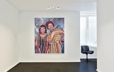 installation view of a painting hung alone on a white wall