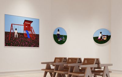 Three paintings hanging in a gallery space, behind six wooden chairs