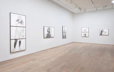 Installation view of two walls with monochrome artworks of various sizes hanging up