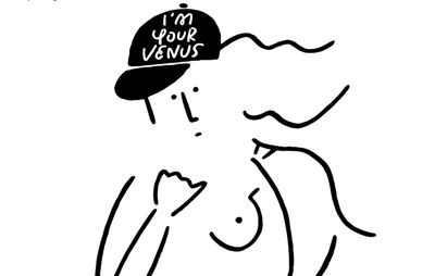 A poster for Yu Nagaba's I'm Your Venus show, with an outline of a woman wearing a black cap with "I'm You Venus" written across the front in white