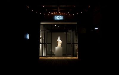 installation view of black room with lighting illuminating a stone sculpture on a plinth