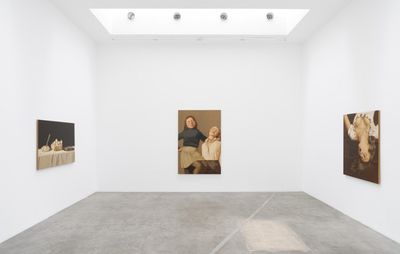 installation view of three paintings hung on separate white walls