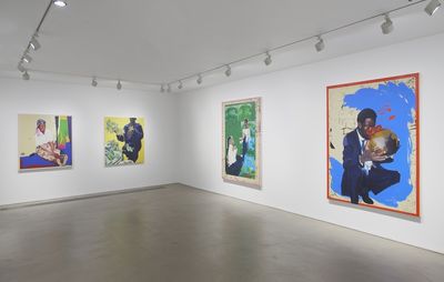 Four paintings across two walls, predominant colours blue yellow and green across all