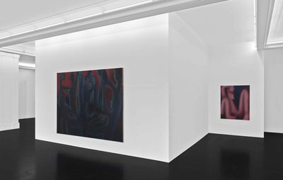 installation view of two large dark paintings hung on white walls