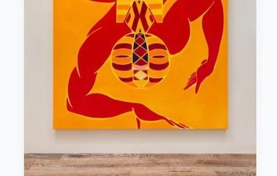 large painting of a red upside down abstract figure on an orange background, hung on a white wall