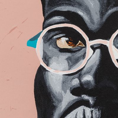 a male face with glasses on a light pink background, part of a print by Otis Kwame Kye Quaicoe - detailed shot