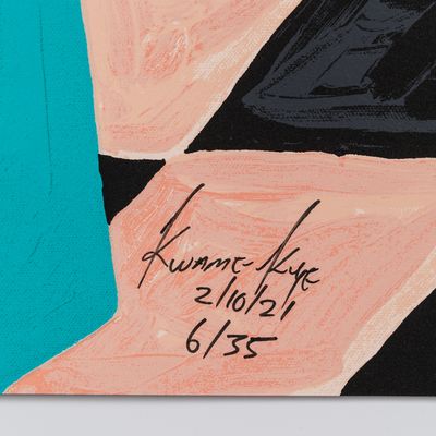 artist signature on a light pink background, part of a print by Otis Kwame Kye Quaicoe - detailed shot
