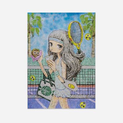 girl walking over tennis court, tennis racket tangled in her hair and holding a burger and plastic bag