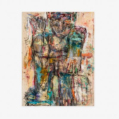 an abstract expressionist-style print of a colourful totemic figure