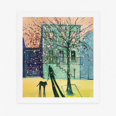 a print of shadows strolling through a softly lit cityscape