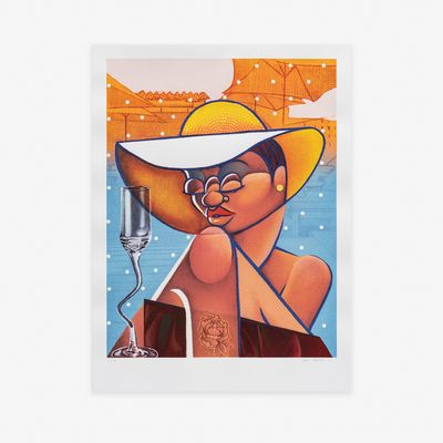 a hand-finished print of a character in a sun hat with a champagne flute