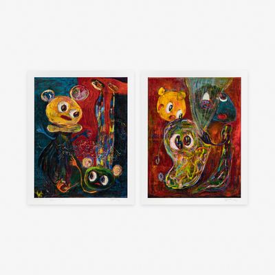 a set of two prints by Chen Wei Ting of childlike creatures in rich colours