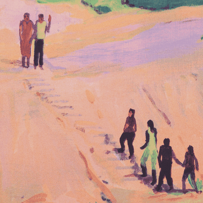 Detail of print with figures walking up a sandy beach
