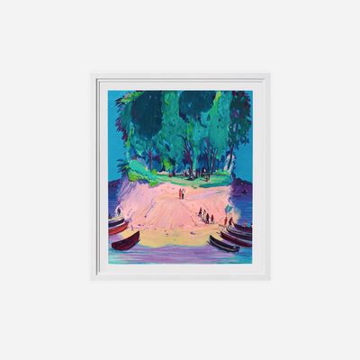 framed print of a colourful island with boats on the shore
