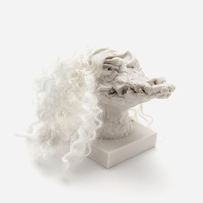 a sculpture of a crocodile head with a custom hair piece in white, Nathalie Djurberg & Hans Berg