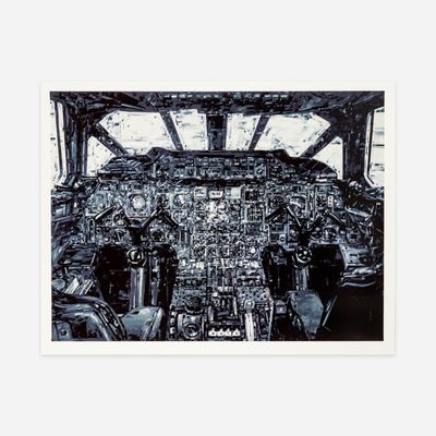 inside of cockpit in grayscale, print by Michael Kagan