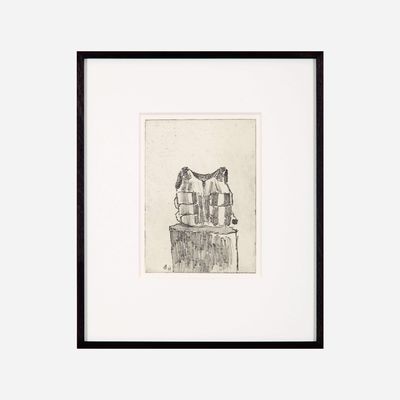 Framed etching of a sculpture by Jake and Dinos Chapman