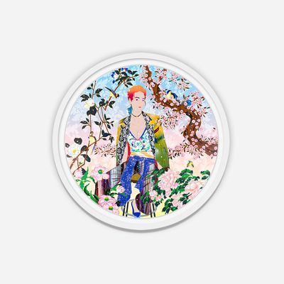 round framed print of a man surrounded by flowers