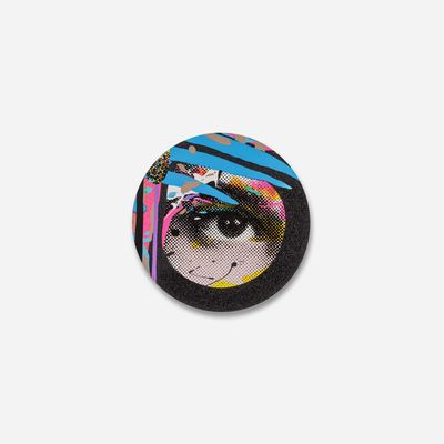 circular print of an eye surrounded by a black glitter border with three blue stripes across it