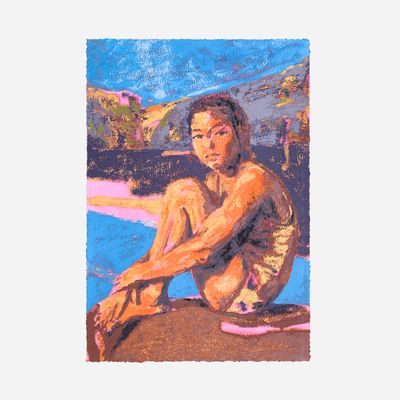 Print of a girl in a swimming costume sat by a pool