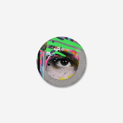 circular print of an eye with coloured splashes of paint around it and three bright green stripes