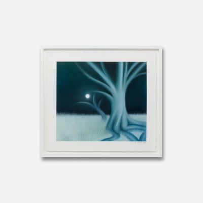 framed pastel drawing of a tree against a dark night's sky and full moon