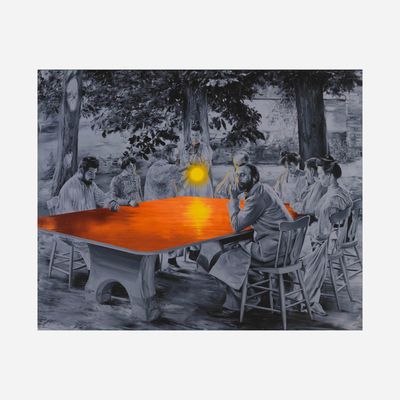 black and white print of a group of people sat around a bright orange table reflecting the light of the sun above