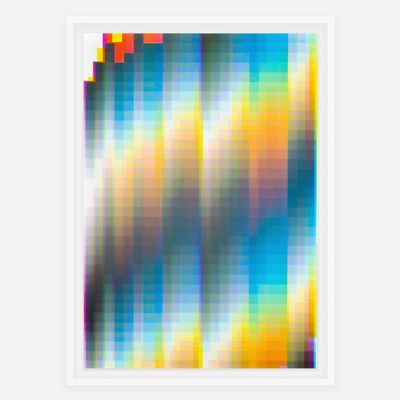 Pixelated colour spectrum with orange and blue squares