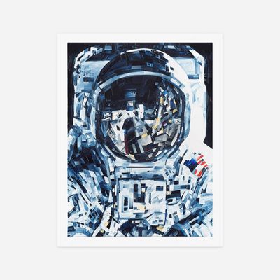 print of an astronaut with thick, clear brushstrokes