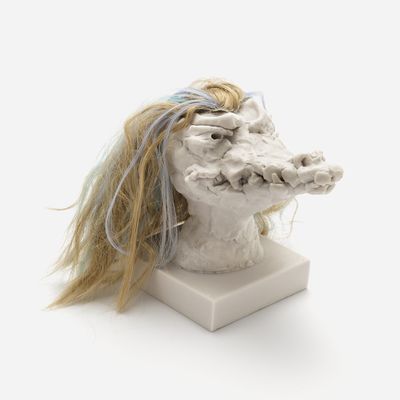 a sculpture of a crocodile head with a custom hair piece in blond, Nathalie Djurberg & Hans Berg